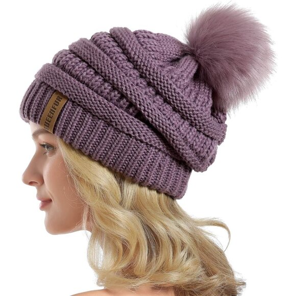 Women Purple Soft Acrylic Thick Baggy Knit Winter Faux Fur Pompom Beanie - Picture 1 of 6